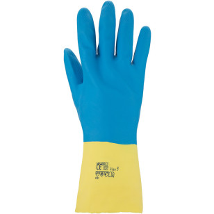 Chemikalienschutz-Handschuhe, Latex, Kat III, blau/gelb