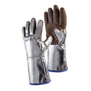 JUTEC Hitzeschutz-Handschuhe aus Spaltleder, aluminisiert, 5 Finger, 38 cm, braun, bis 1.000°C Strahlungshitze